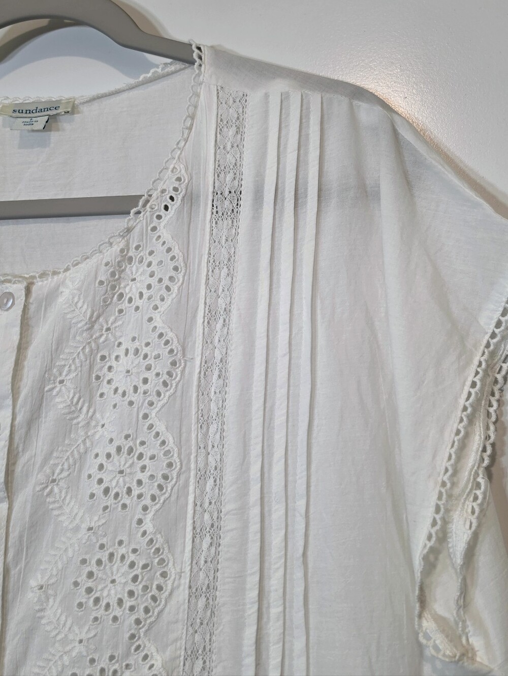 Sundance Art Of Eyelet Lace Cotton Button Down Blouse Scalloped Hem White Large - Picture 9 of 13